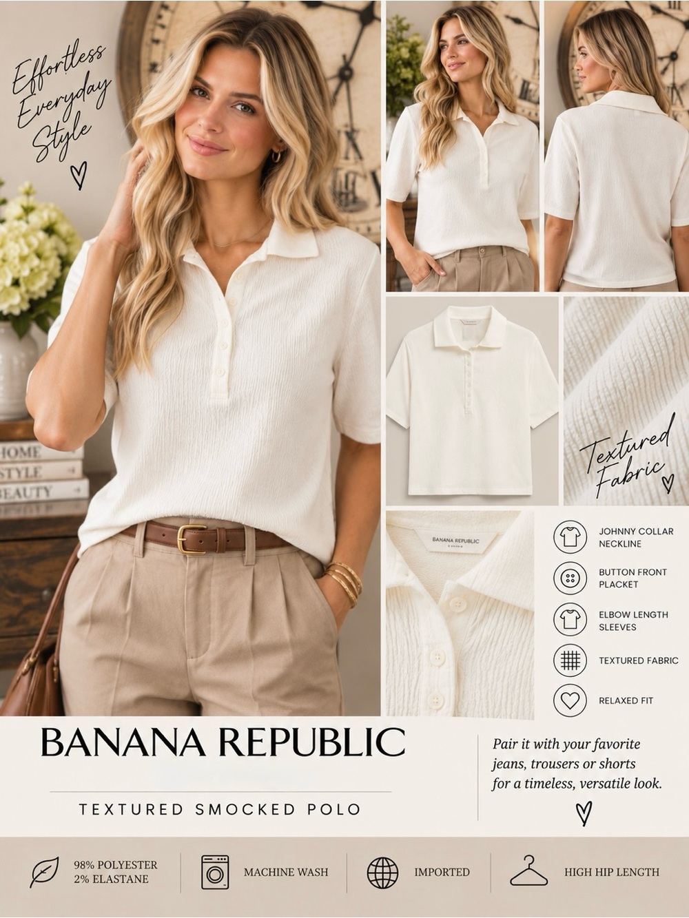 NWT Banana Republic Women's Textured Smocked Polo in Ivory